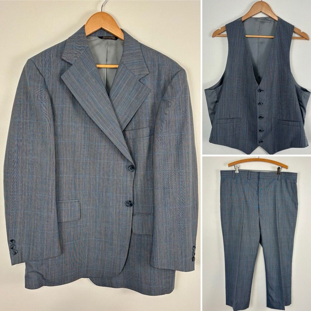 Vintage 1970s Men’s 3 Piece Suit Blue Plaid Blazer Vest Trousers ACTWU Union 44R